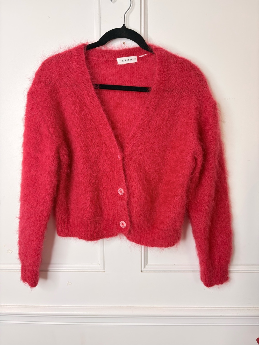 Red Mohair Blend V-Neck Cardigan Sweater